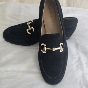 Talbots Black Suede Loafers with Gold Accent